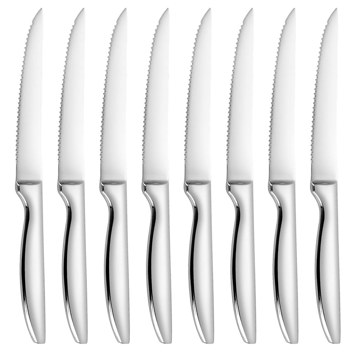 SuperCook 8-piece steak knife set close-up blade with micro-serrated edge for easy slicing.