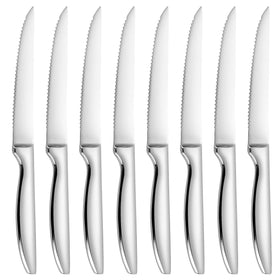 SuperCook 8-piece steak knife set close-up blade with micro-serrated edge for easy slicing.
