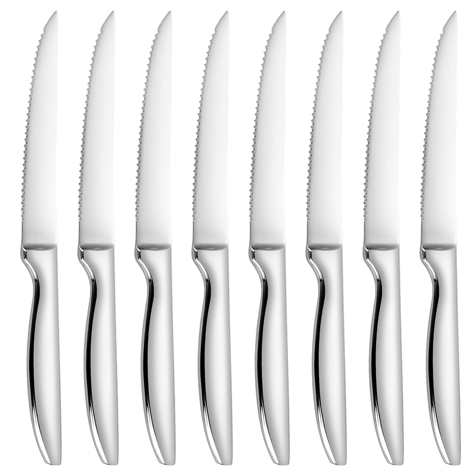 SuperCook 8-piece steak knife set close-up blade with micro-serrated edge for easy slicing.