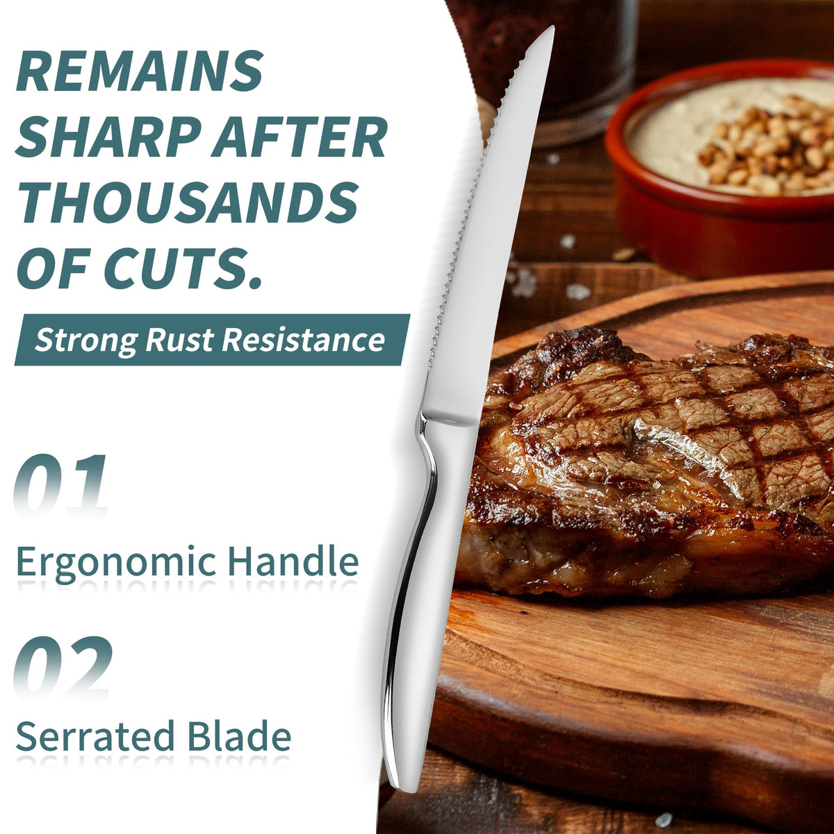 SuperCook 8-piece knife set ergonomic handle designed to reduce hand fatigue.