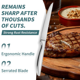 SuperCook steak knives set 12 serrated blades stay sharp with minimal sharpening