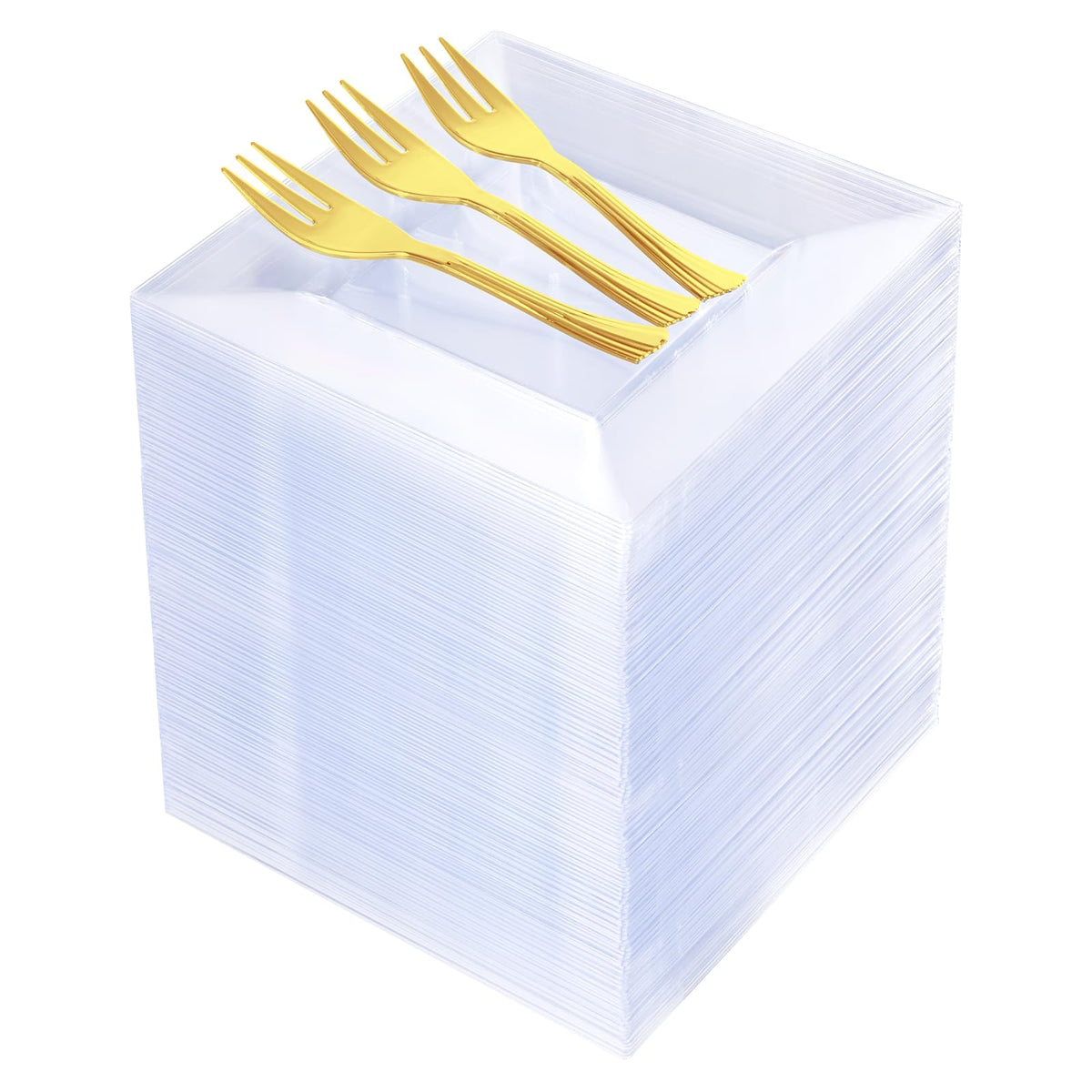 Supernal 200Pcs clear dessert plates with gold forks for elegant weddings and events