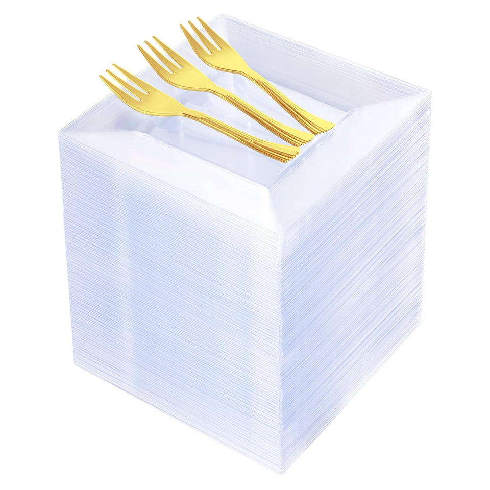 Supernal 200Pcs clear dessert plates with gold forks for elegant weddings and events