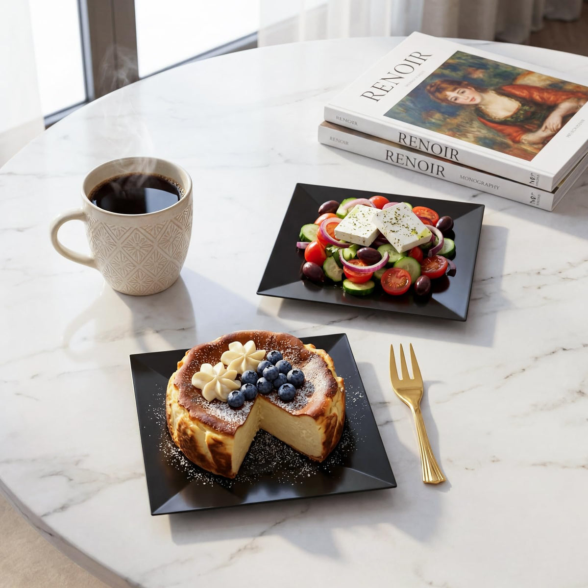 Supernal black square plate close-up with glossy finish elevates table decor