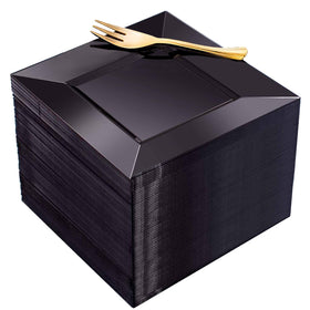 Supernal black square plates with gold forks, ideal for elegant desserts