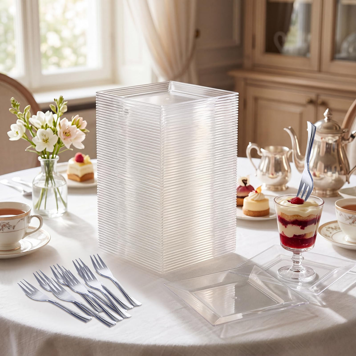 Supernal dessert-serving visuals show elegant cake slices on square plates