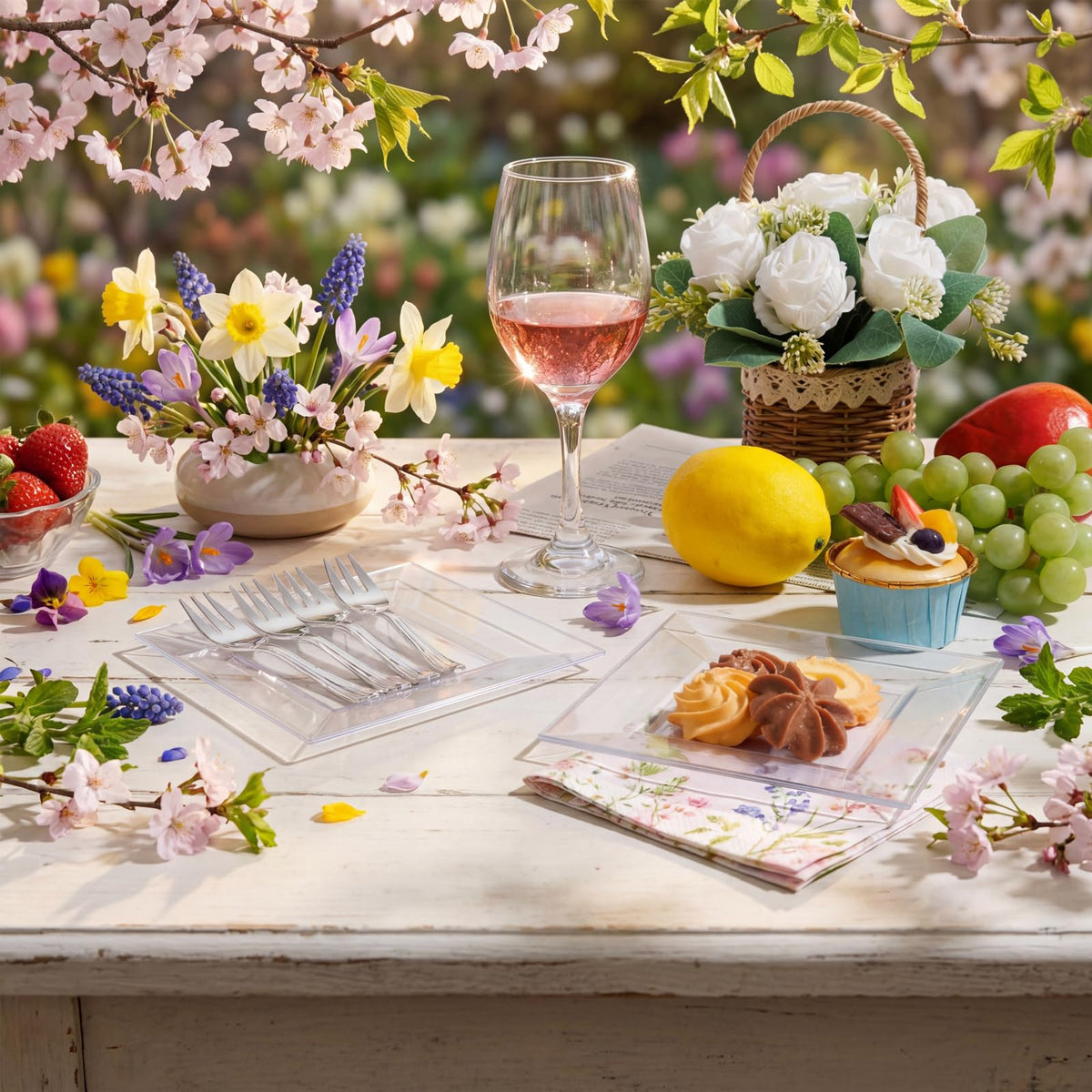 Supernal wedding table setup featuring square plates for modern receptions