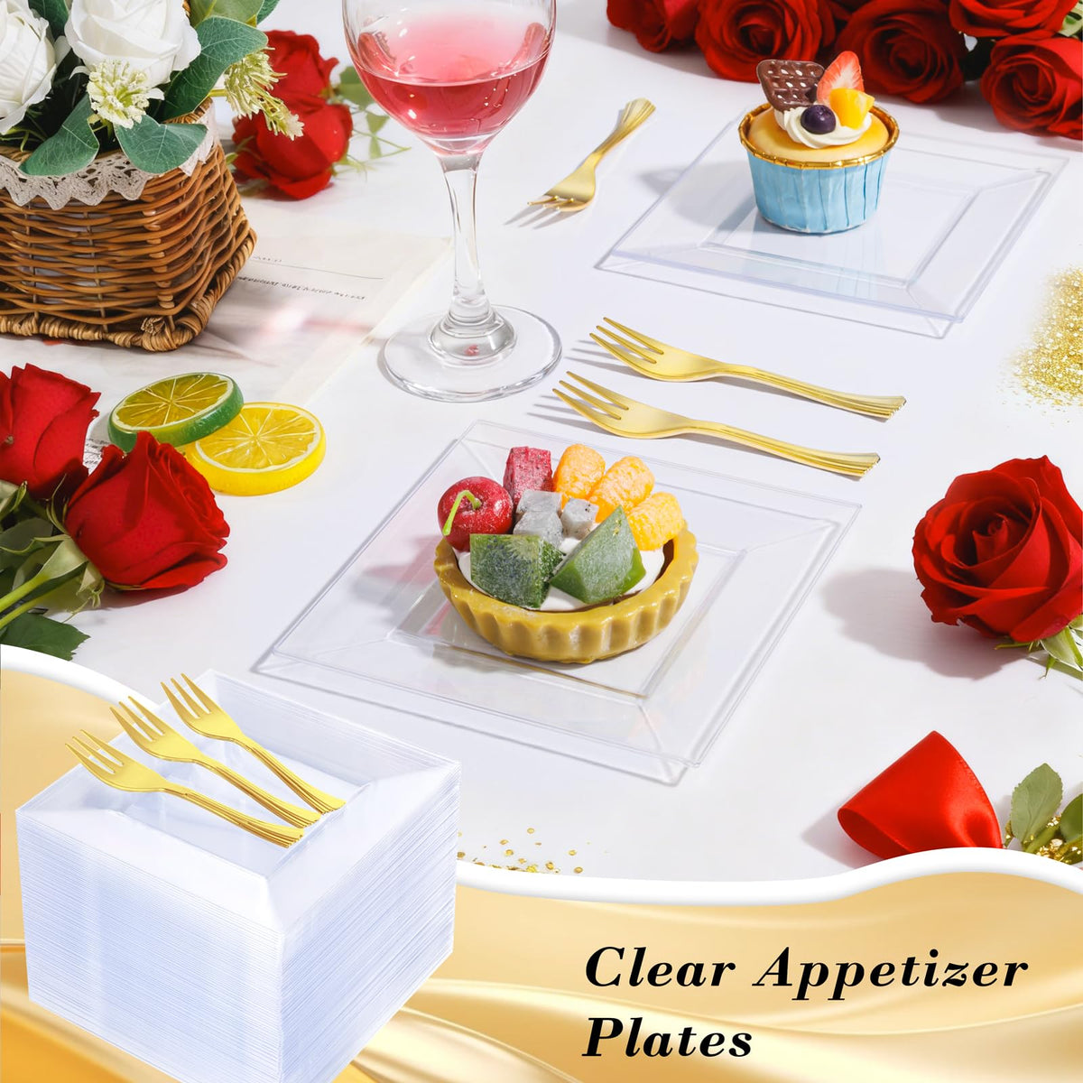 Supernal wedding catering table setup with clear plates and gold forks