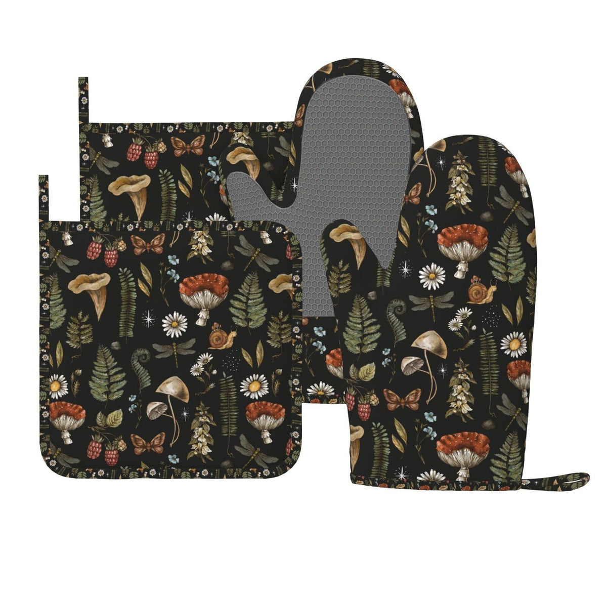 SUPLUCHOM mushroom oven mitts set with non-slip grip for safe handling of hot pots.