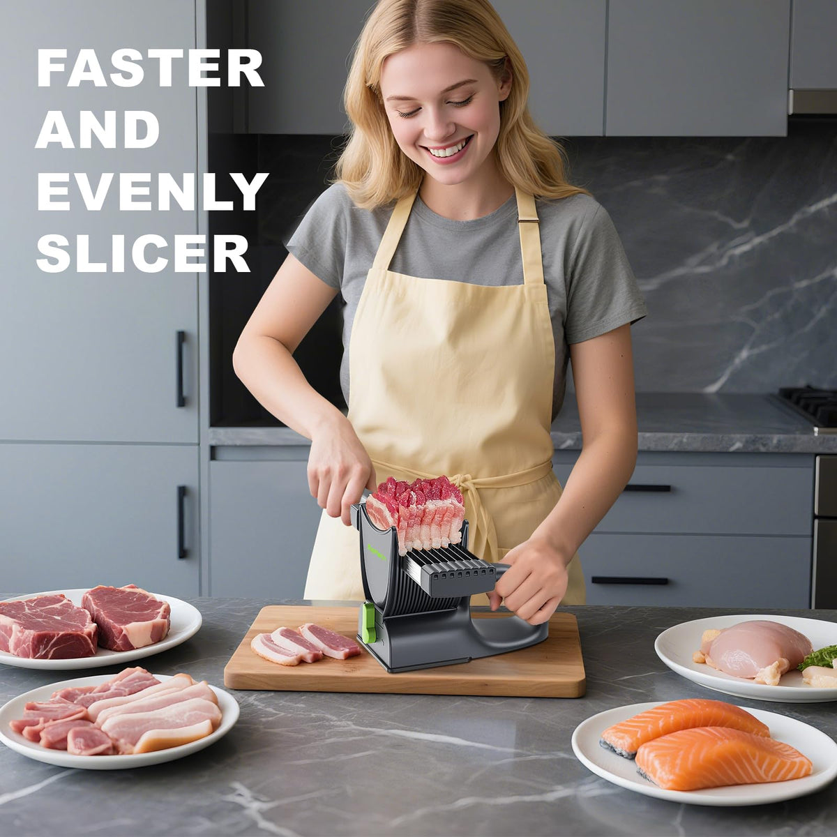 SupMaKin Fresh Meat Slicer shows 2 mm and 4 mm thickness options for flexible slicing.