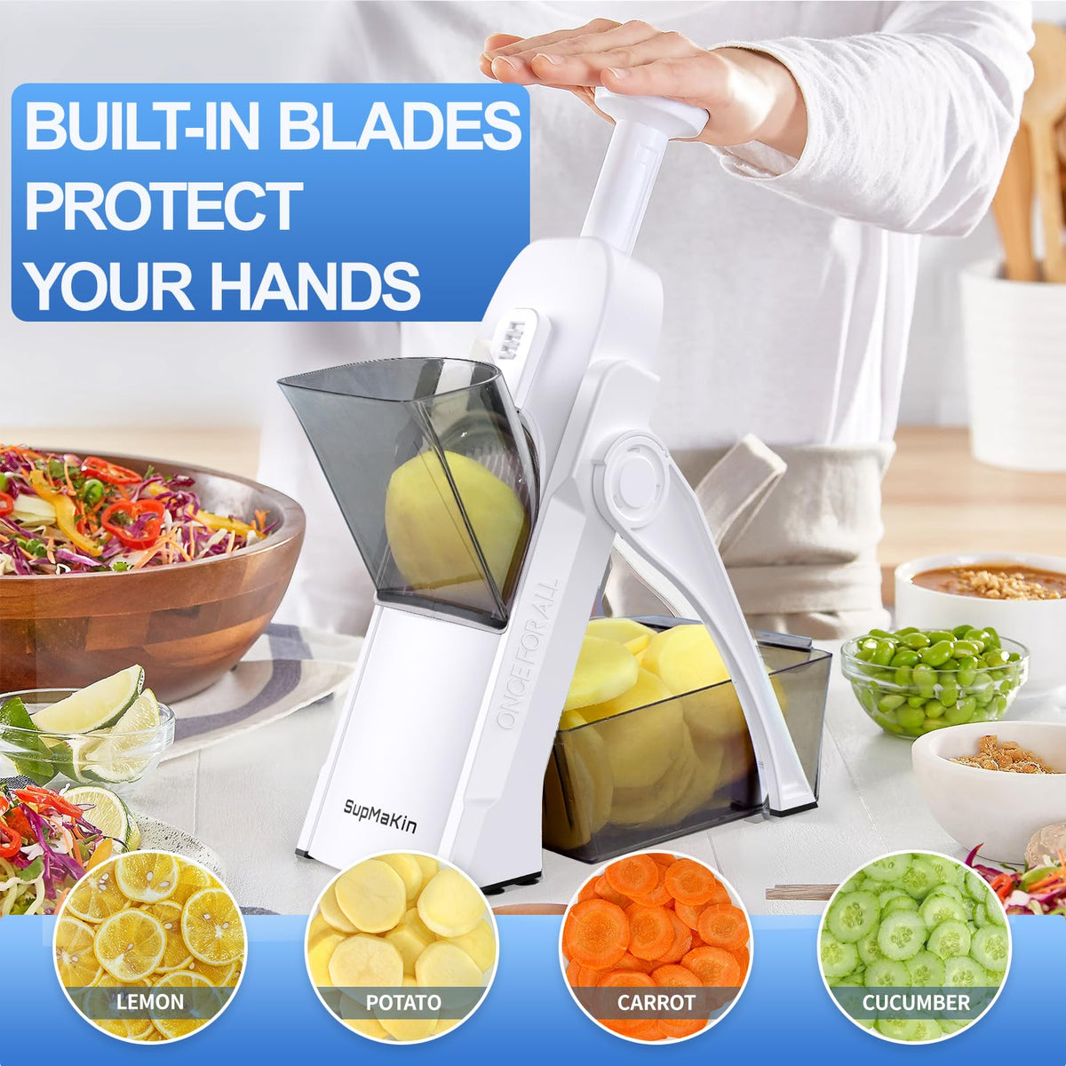 SupMaKin Safe Mandoline Slicer adjustable thickness 0.1-8 mm for precise potato chips.