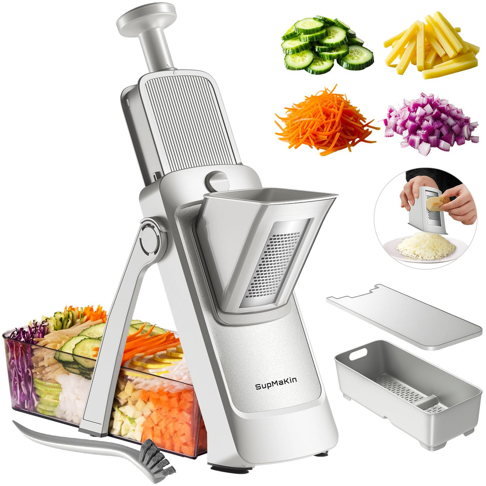 SupMaKin Safe Mandoline Slicer at an angle view showing precise slicing and safe handling.