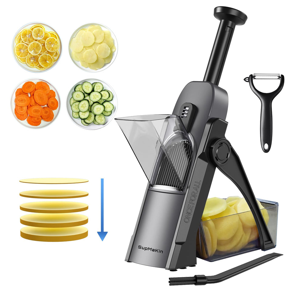 SupMaKin Safe Mandoline Slicer with handle for quick, hands-free vegetable slicing.