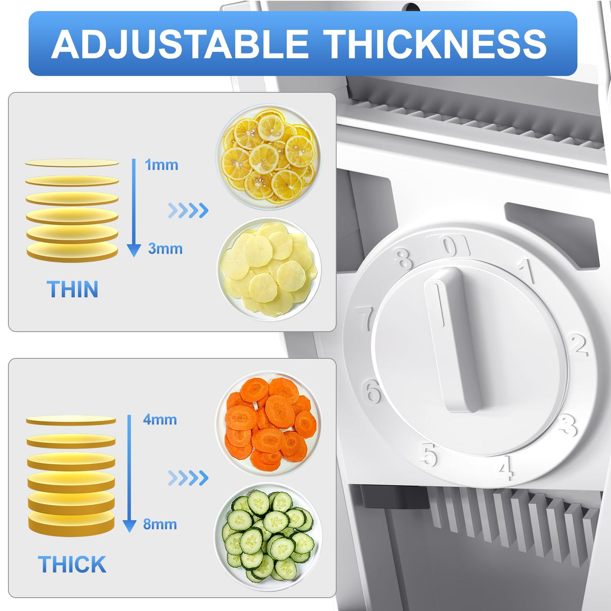 SupMaKin Safe Mandoline Slicer stainless-steel blades provide sharp, even cuts.