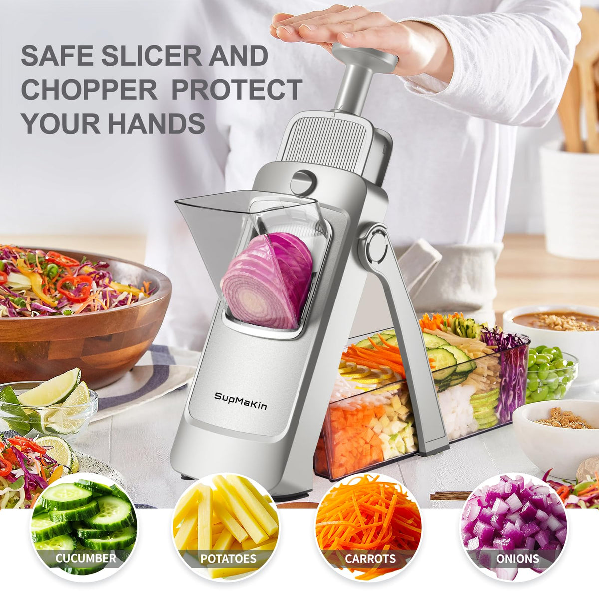 SupMaKin Safe Mandoline Slicer with storage basket demonstrates easy prep and clean-up.