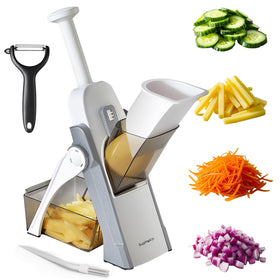 SupMaKin Safe Mandoline Slicer showing safe design for quick, uniform slices.