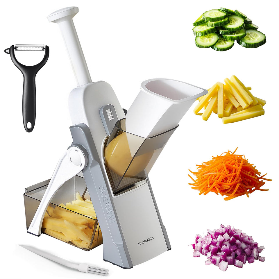 SupMaKin Safe Mandoline Slicer showing safe design for quick, uniform slices.