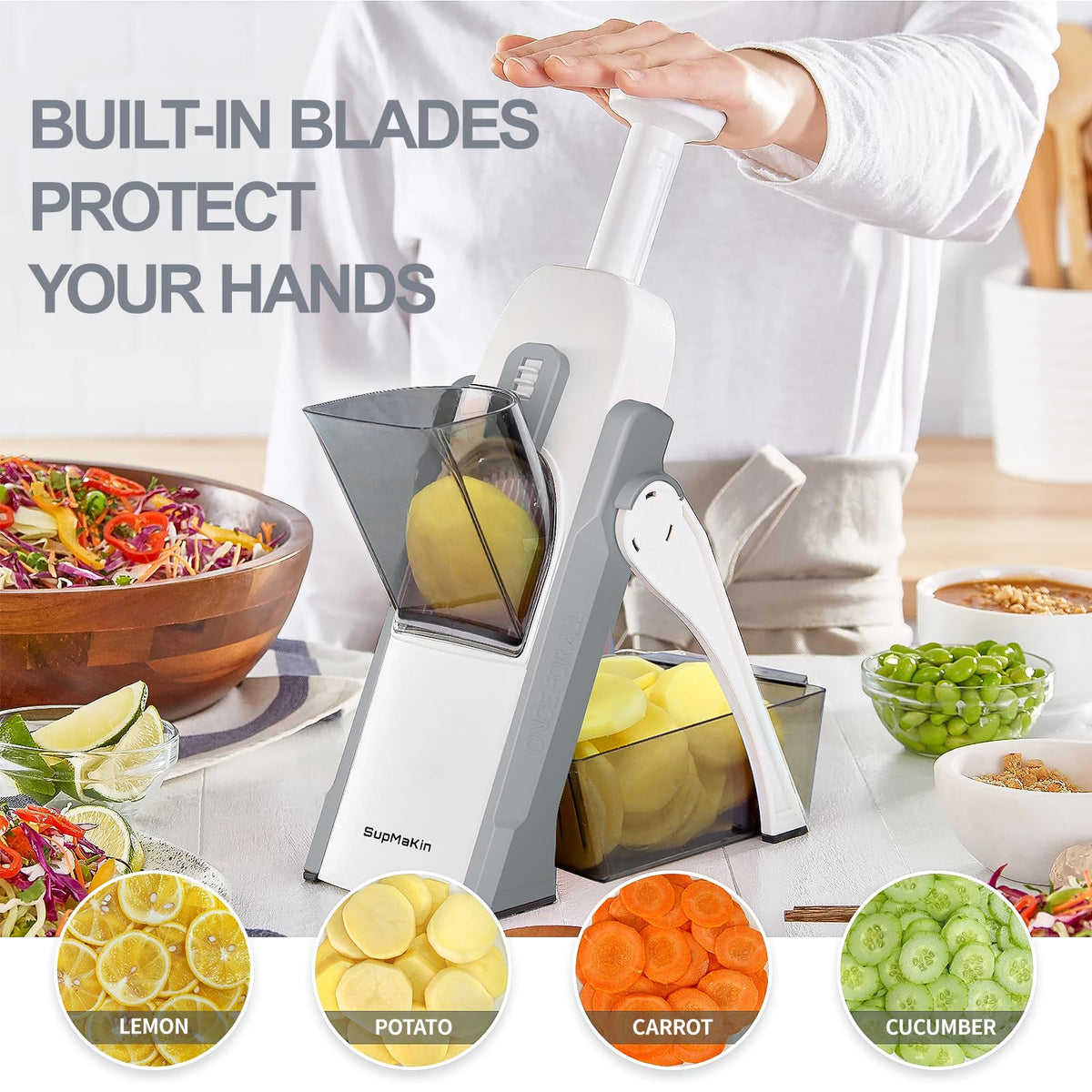 SupMaKin stainless steel blades deliver sharp, fast cuts on hard vegetables.