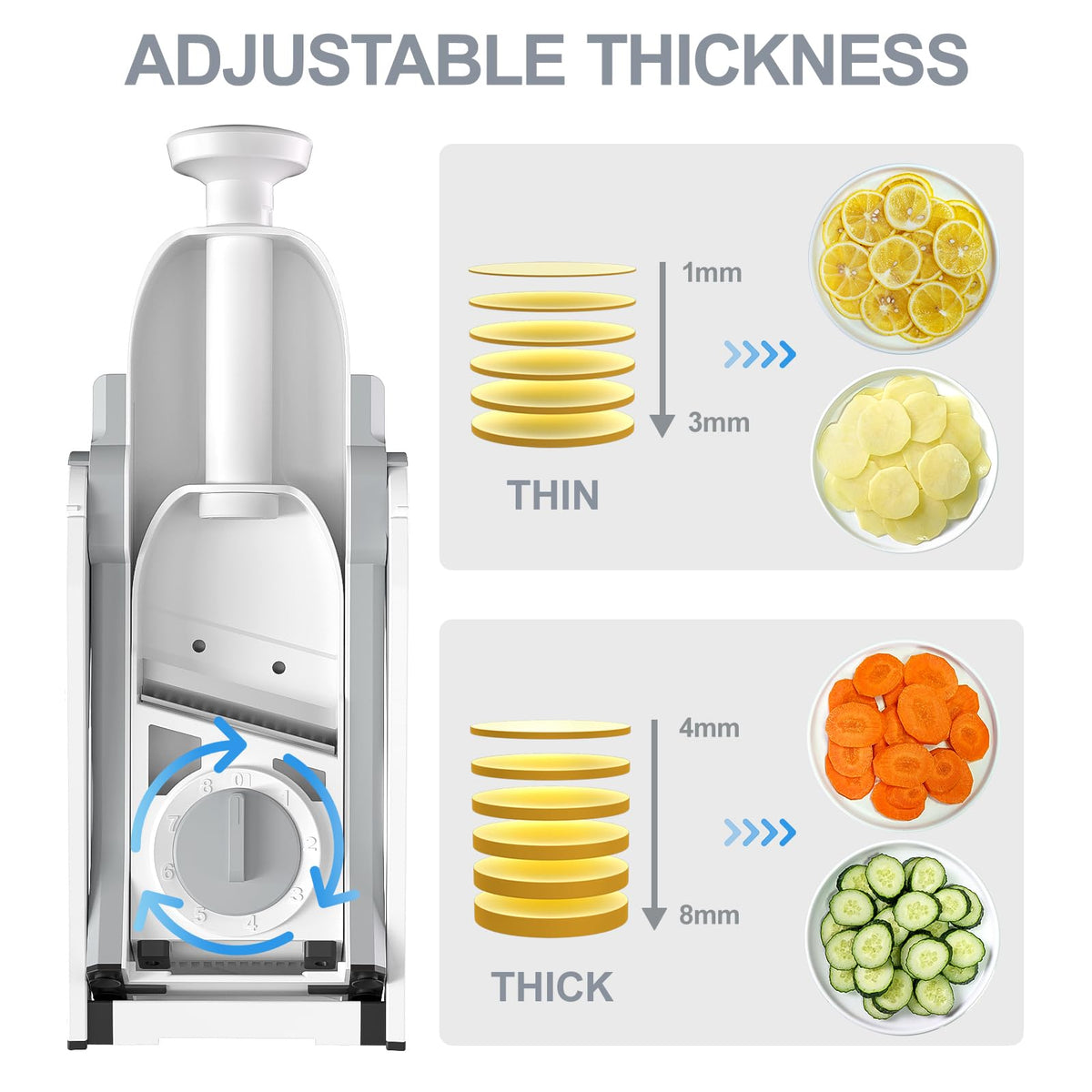 SupMaKin thickness control 0-8mm enables uniform slices for potatoes, carrots, and cucumbers.
