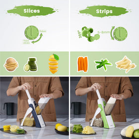 SupMaKin Upgrade Safe Mandoline Slicer adjustable thickness dial demonstrates 0.1–8 mm range.