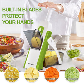 SupMaKin Upgrade Safe Mandoline Slicer in-use with chute for quick, uniform slices.