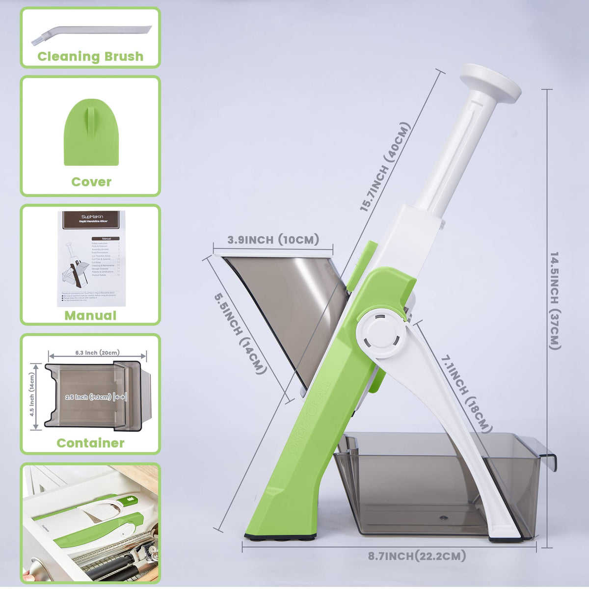 SupMaKin Upgrade Safe Mandoline Slicer with cleaning brush trims buildup quickly.