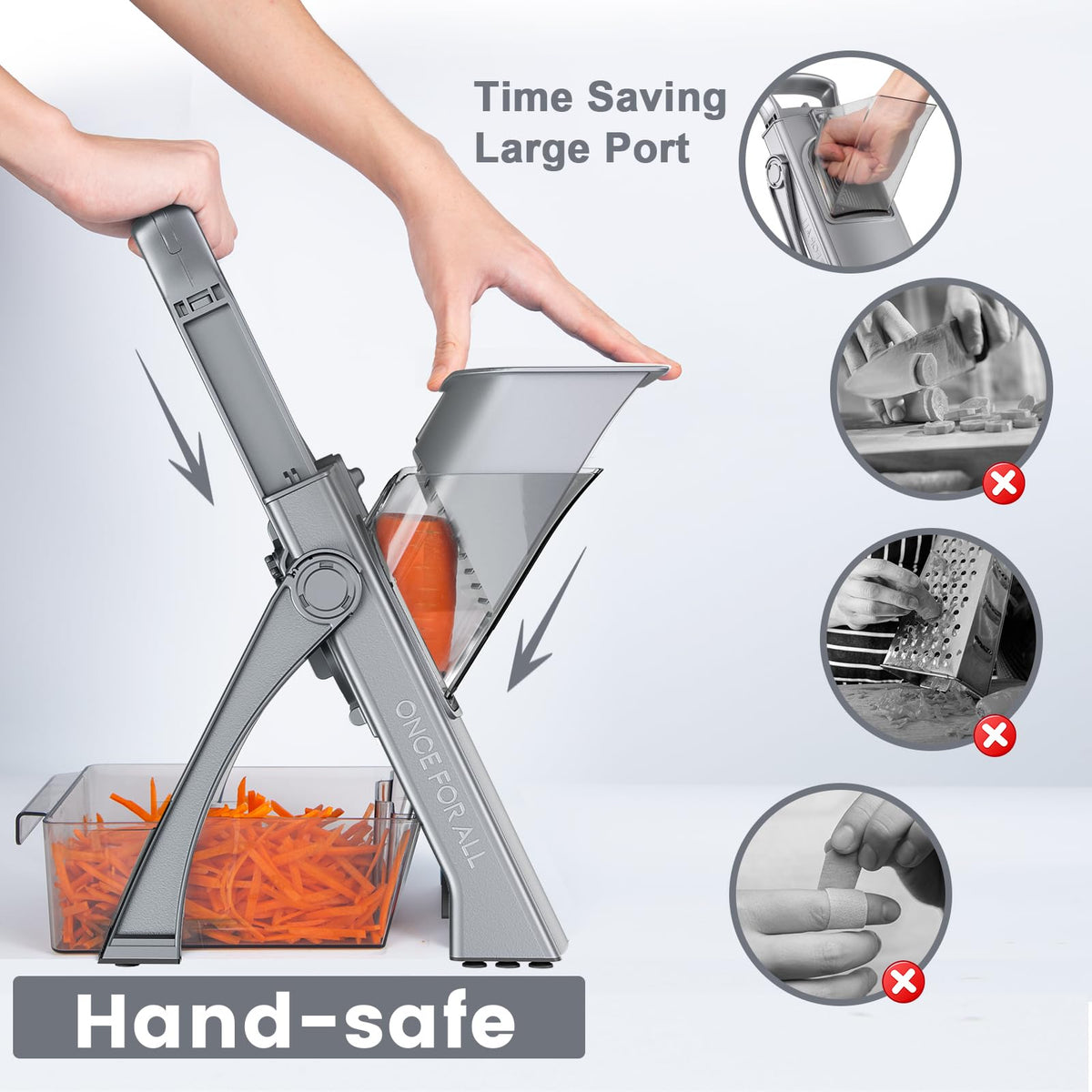 SupMaKin Mandoline feeding port detail showing wide opening for bigger produce