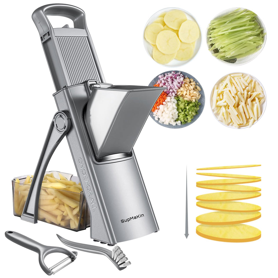 SupMaKin Upgrade Safe Mandoline Slicer front view highlighting large feeding port for easy prep