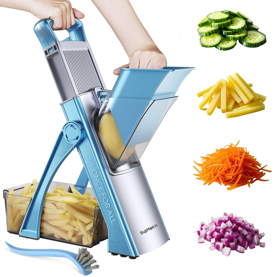 SupMaKin Upgrade Safe Mandoline Slicer Plus shows precise 1–8 mm thickness control for versatile cuts.