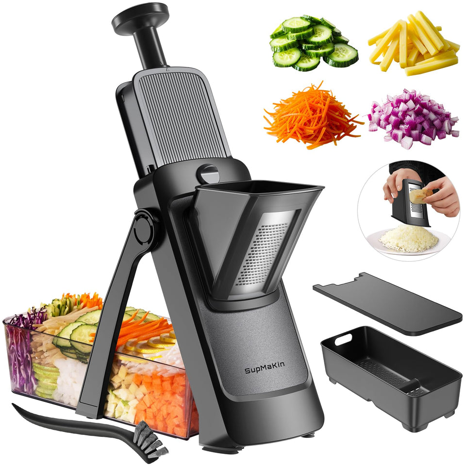 SupMaKin upgrade safe mandoline slicer side view for precise vegetable cuts.