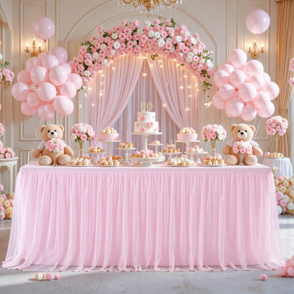 Suppromo 6ft pink tulle tablecloth rectangle for quick, elegant setup.
