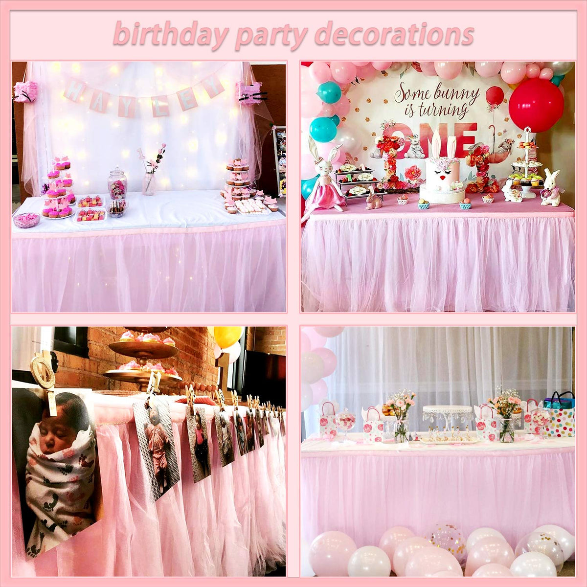 Suppromo pink ruffle tutu table skirt on table adds festive focal point.