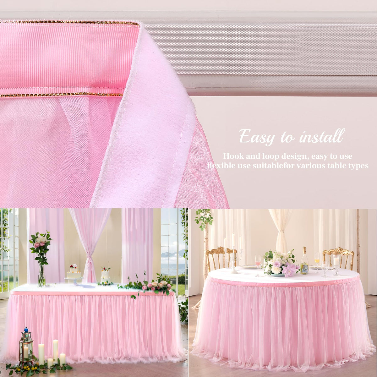 Suppromo pink tulle table skirt installation hook enables quick setup.