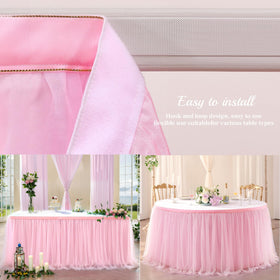 Suppromo pink tulle table skirt installation hook enables quick setup.