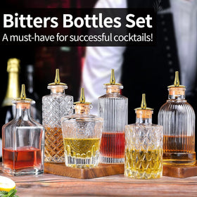SuproBarware six-pack of reusable glass bitters bottles for homes or venues.