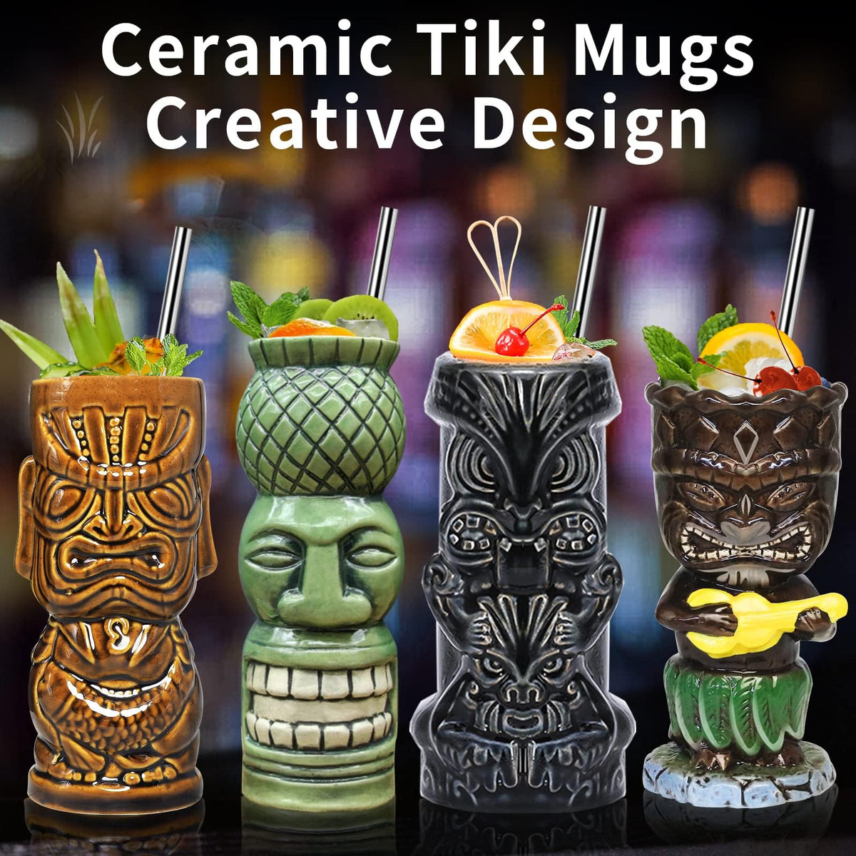 SuproBarware tiki mugs with creative designs for stylish tropical gatherings.