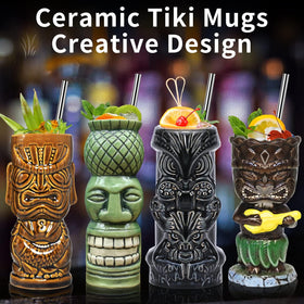 SuproBarware tiki mugs with creative designs for stylish tropical gatherings.