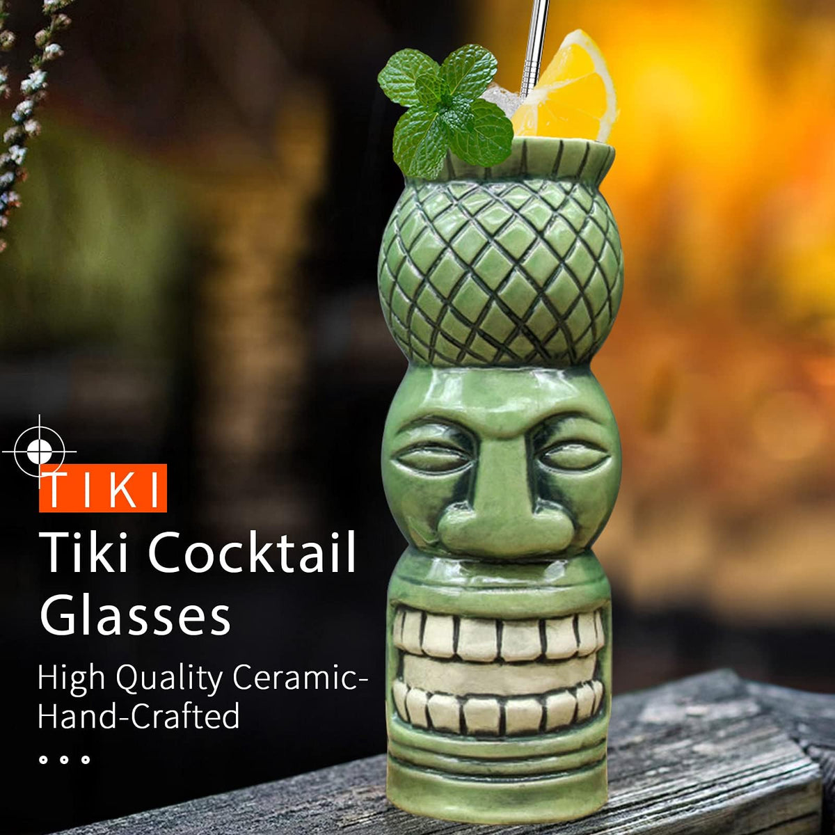 SuproBarware tiki mugs at a patio party setup with tropical decor.