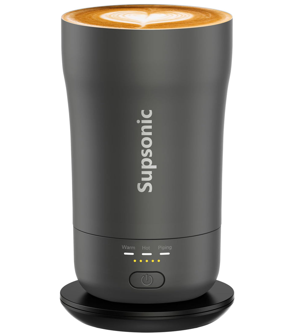 Supsonic 14oz heated mug front view showing sleek stainless steel and warmth-ready design.