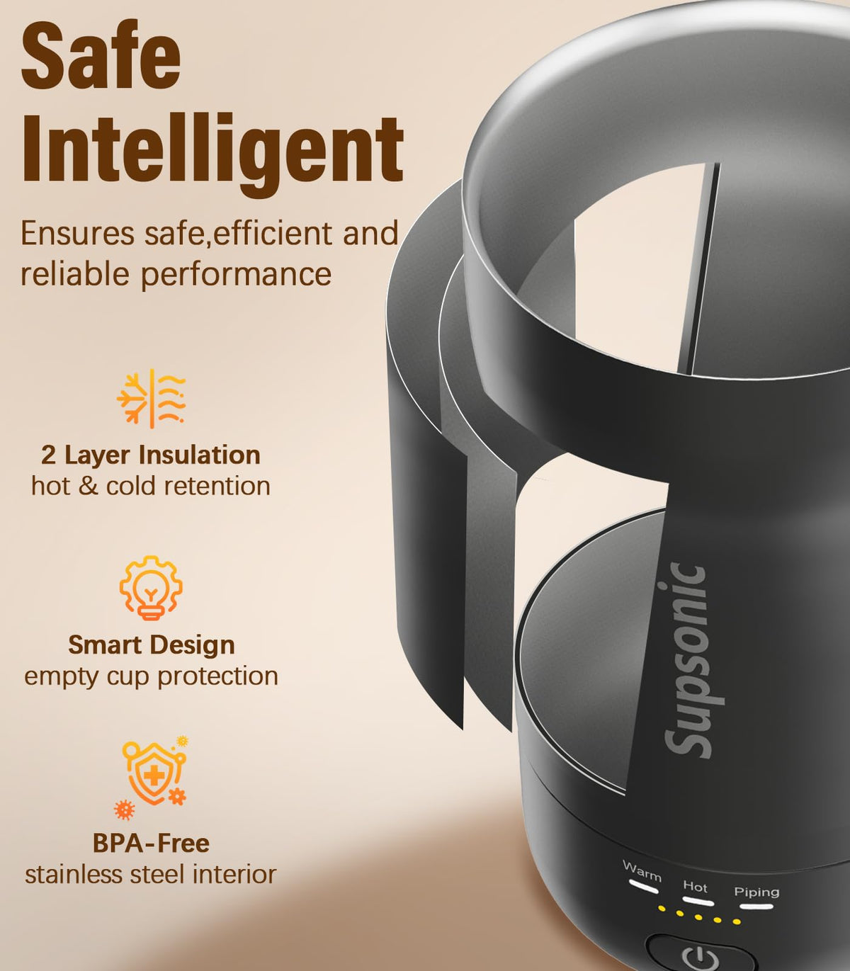 Supsonic mug fits in a car cup holder for portable warmth on the go.