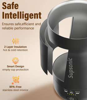 Supsonic mug fits in a car cup holder for portable warmth on the go.