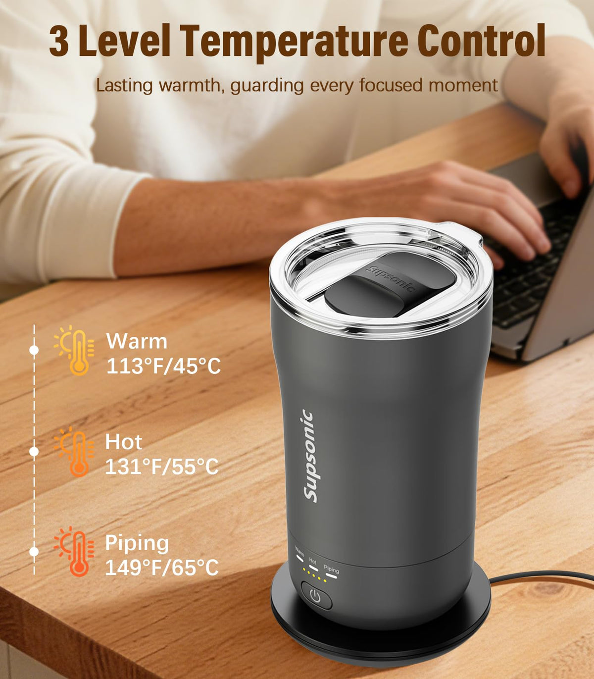 Supsonic heated mug side view highlighting ergonomic handle for easy daily use.