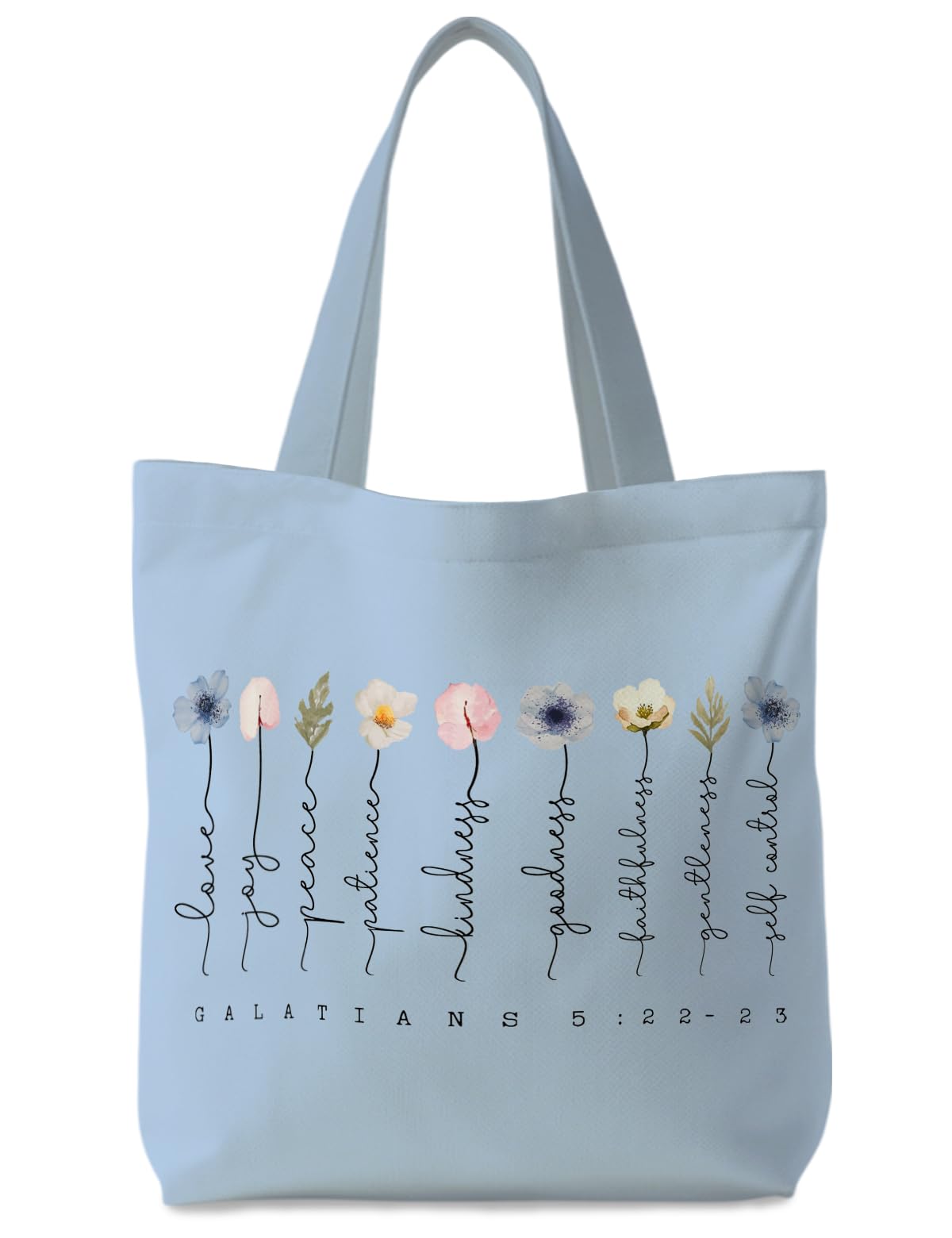 Supwhd blue Bible verse tote bag with books, ideal for faith-inspired errands.