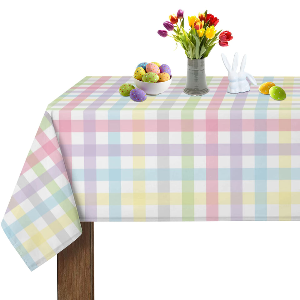 SuQKXCo spring tablecloth with colorful checkered rainbow pattern for festive indoor dining; protects surfaces during gatherings
