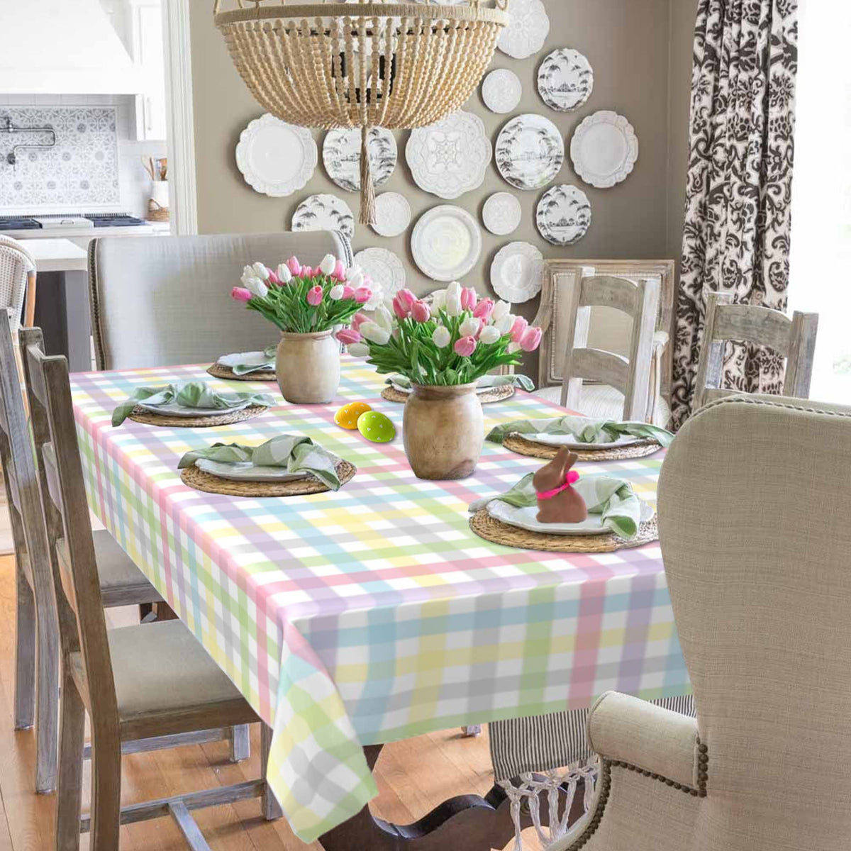 SuQKXCo rainbow plaid tablecloth for outdoor dining, ideal for patio parties and easy cleanup