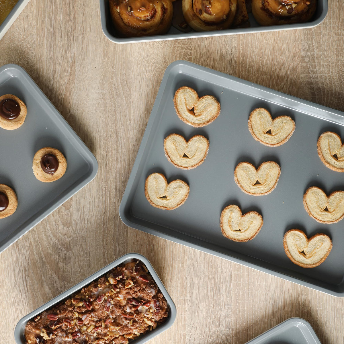 Sur La Table Bake Sale cookie sheet nonstick interior for easy release and cleanup.