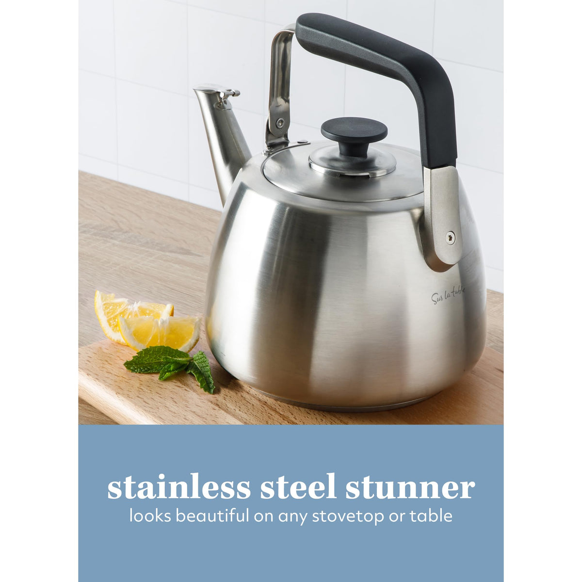 Sur La Table kettle showing the Bakelite handle for safe pouring.
