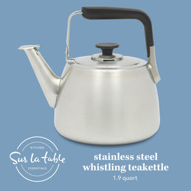 Sur La Table kettle with built-in whistle signaling boiling point.