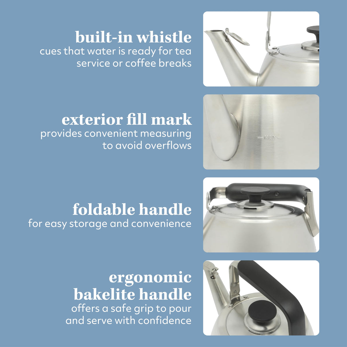 Sur La Table kettle interior designed to avoid metallic aftertaste.