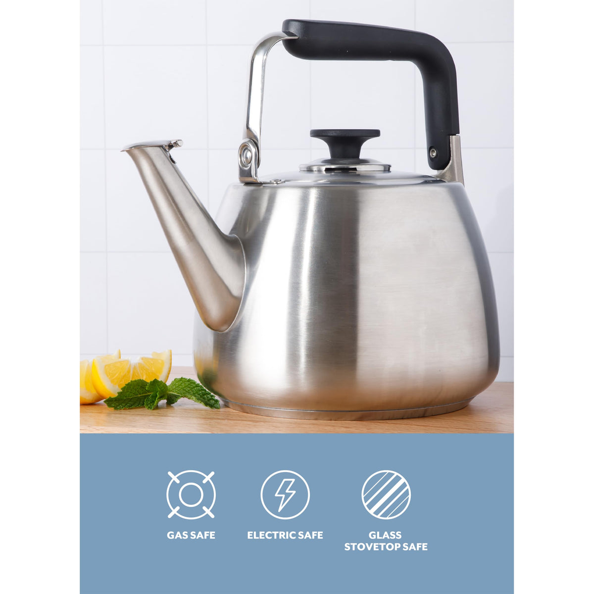 Sur La Table kettle on a stovetop compatible with gas, electric, and glass cooktops.